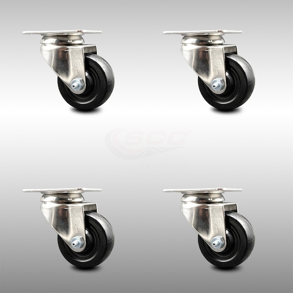 3 Inch 316SS Soft Rubber Wheel Swivel Top Plate Caster Set